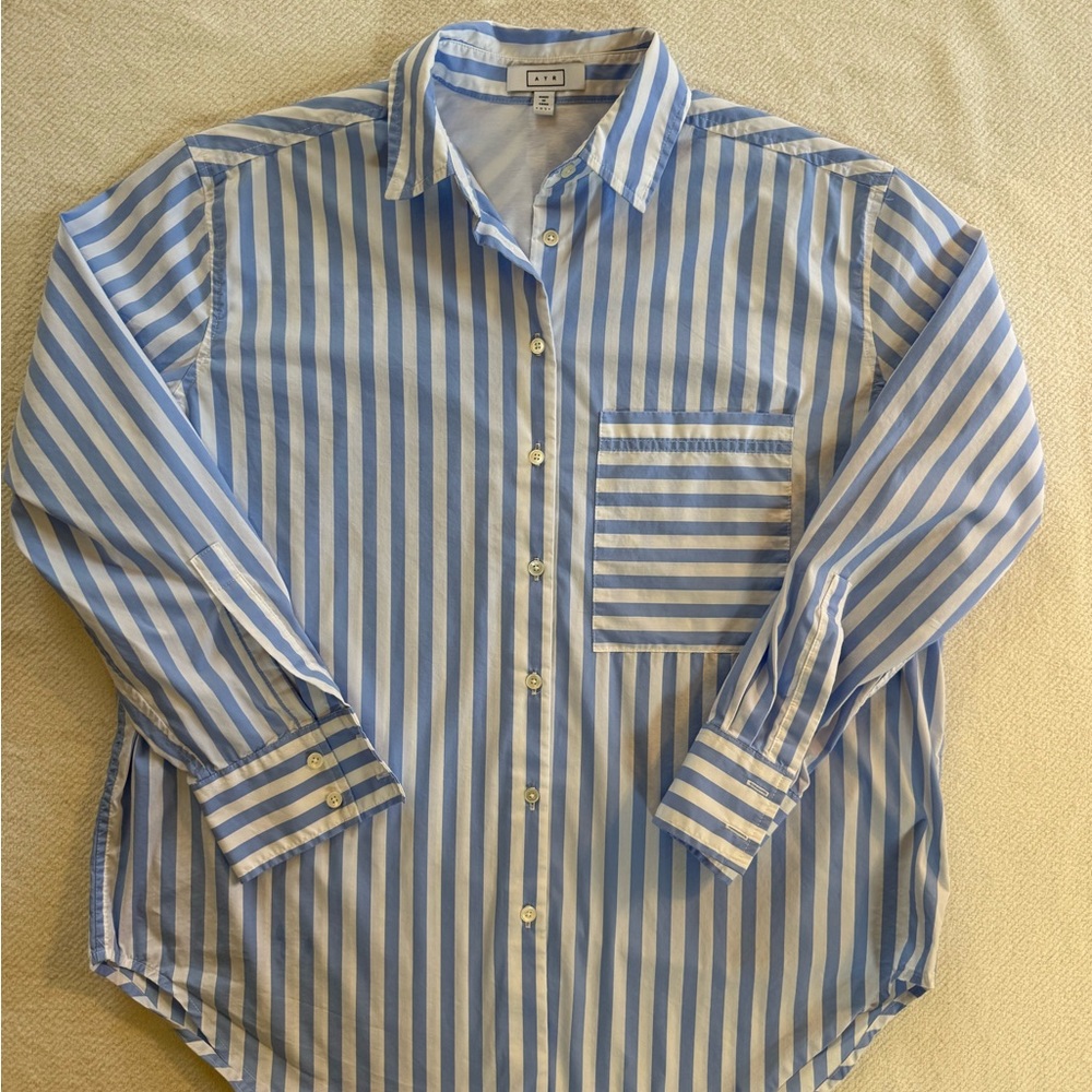 AYR Blue and White Vertical Stripe Button-Down Shirt